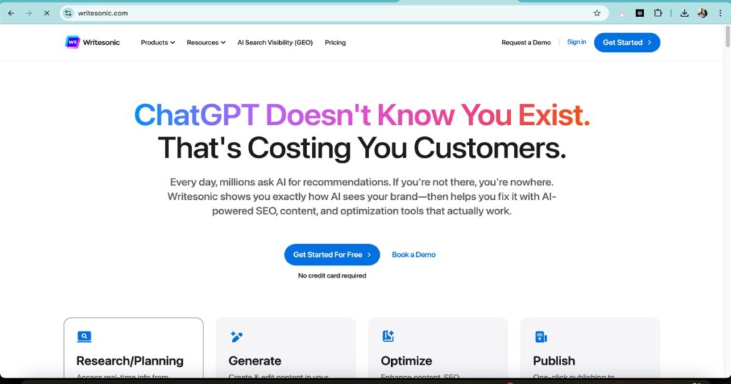 Writesonic homepage highlighting AI-powered content and SEO features