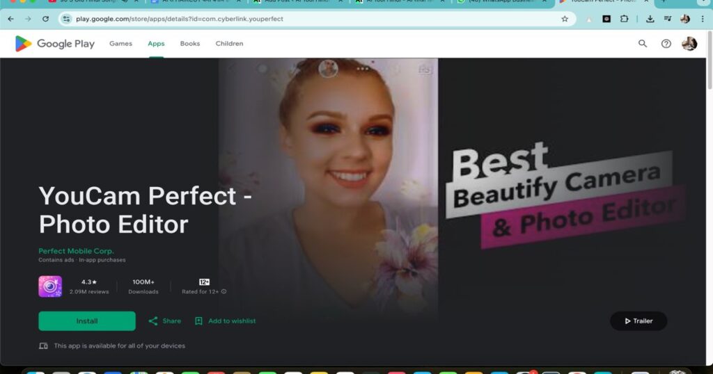"YouCam Makeup app page on Google Play showcasing beautify camera and photo editor features"