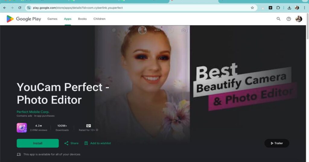 "YouCam Makeup app interface showcasing AI beautify and photo editing tools on Google Play"