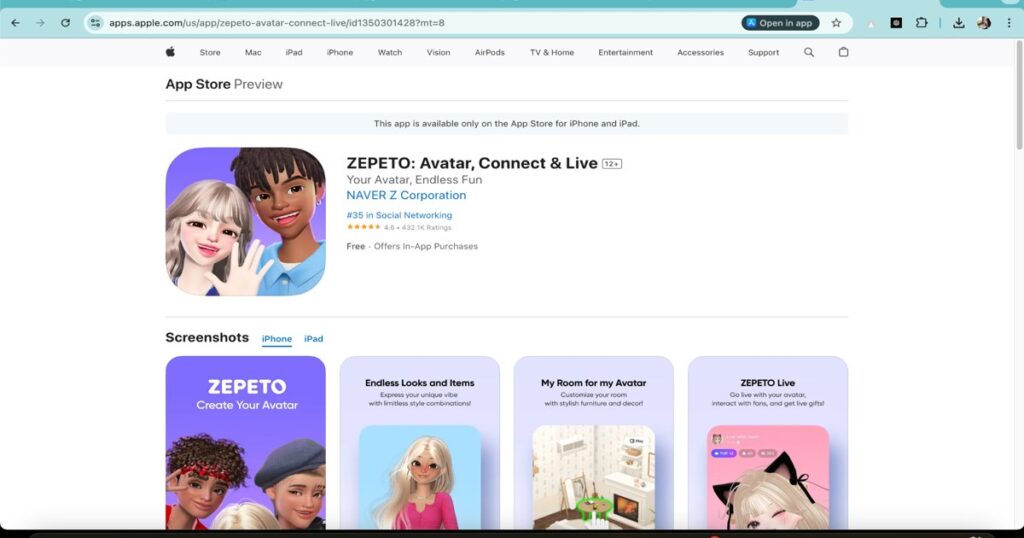 Zepeto app interface showing avatar creation, customization, and live features