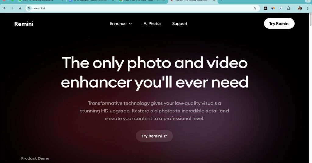 Remini AI photo enhancer interface for improving photo and video quality