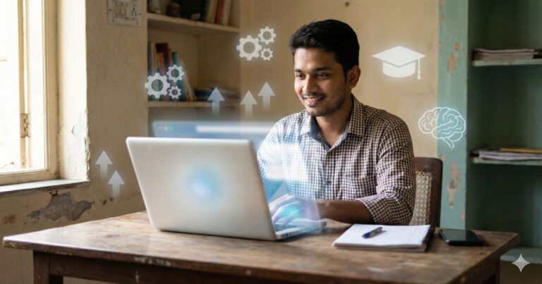 Indian man using AI tools and ChatGPT on laptop for study and online work