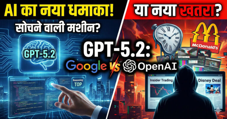Comparison illustration of OpenAI GPT-5.2 and Google Gemini 3 with an AI brain chip on the left and symbols of AI risks like melting clocks and corporate logos on the right."