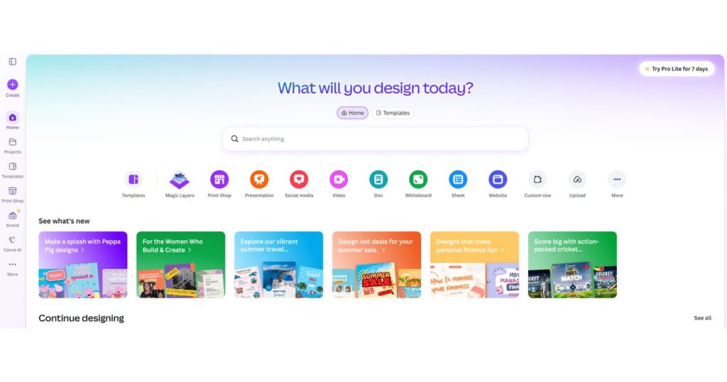 Canva dashboard showing the Presentation and Canva AI options used to create slides