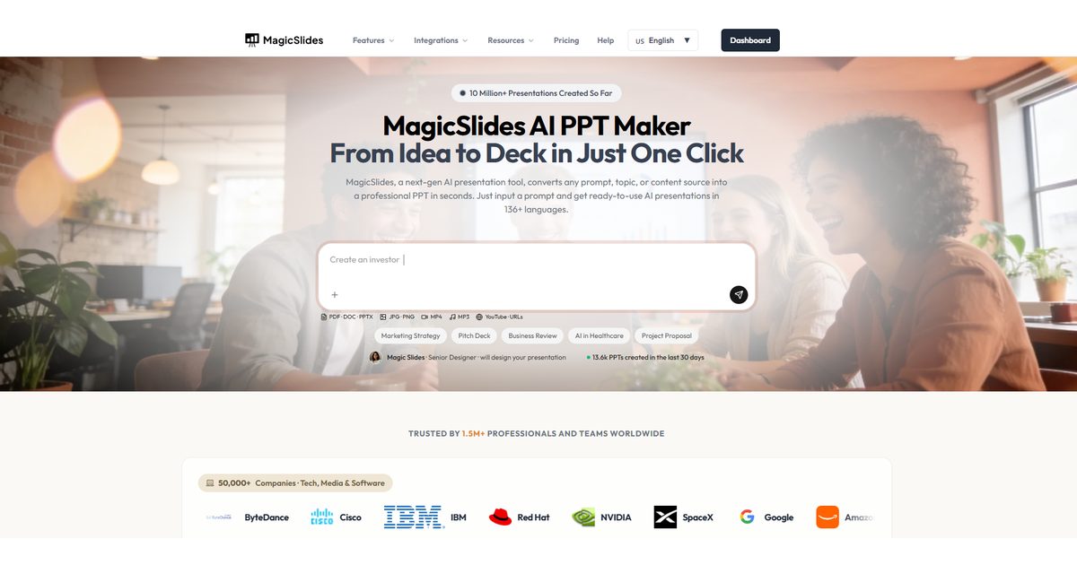 MagicSlides AI PPT maker homepage with the prompt box to enter a presentation topic