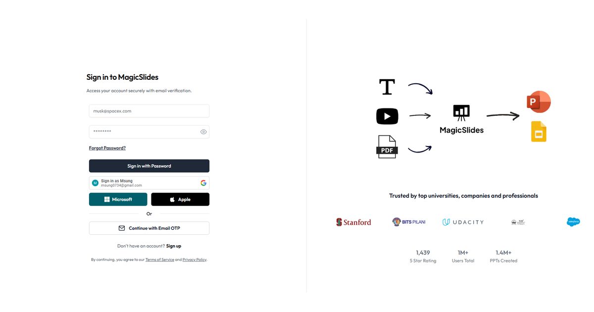 MagicSlides sign in page showing Google, Microsoft, Apple and email OTP login options