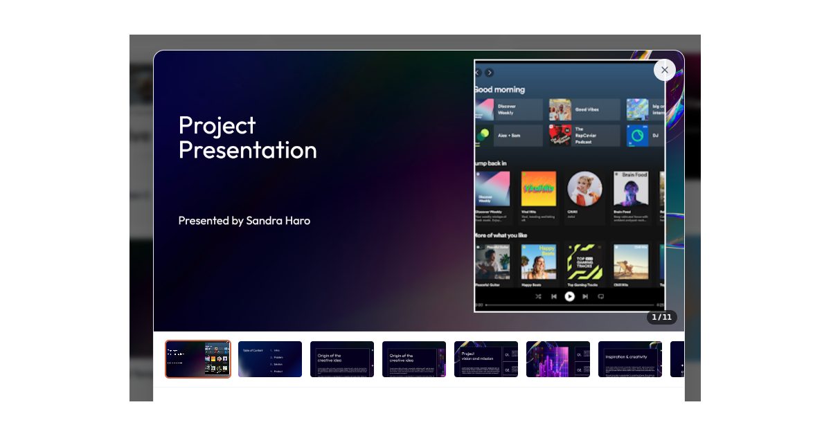 Finished AI generated presentation preview showing eleven designed slides with images