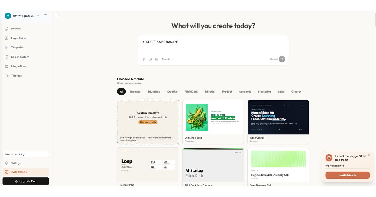 MagicSlides dashboard with a presentation topic typed in the prompt box and template list below