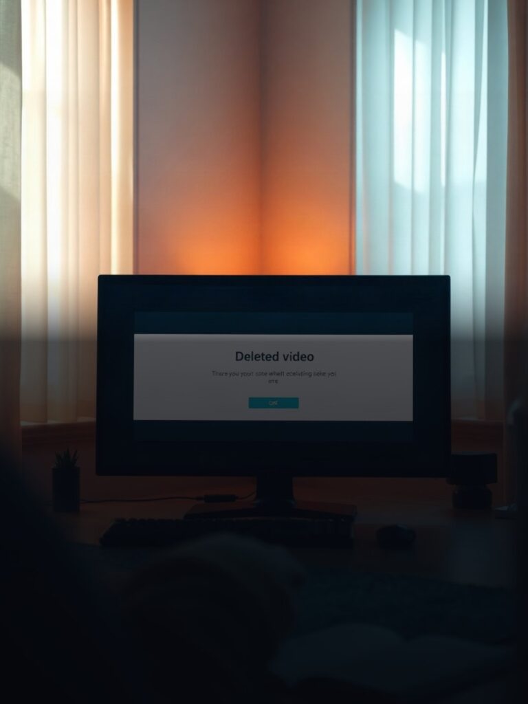 Computer screen showing deleted video warning message, dark room