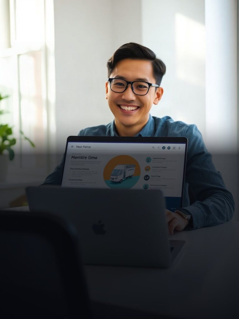 A person sitting at a desk looking happy, looking at beautifully designed presentation slides on a laptop screen, clean...