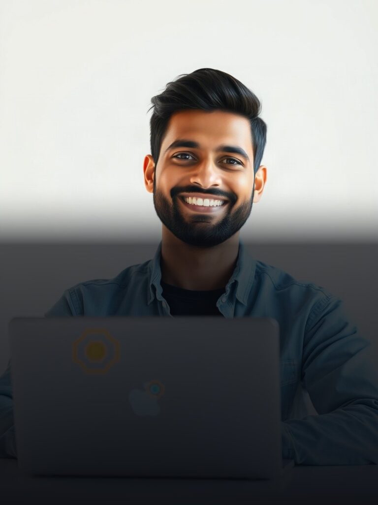 A modern Indian worker smiling in front of a laptop with colorful digital graphics representing AI technology, flat...