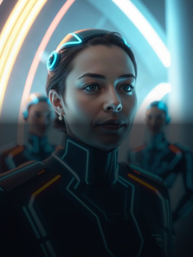 A high-tech digital background with glowing neon lines representing AI agents, clean futuristic design, portrait...