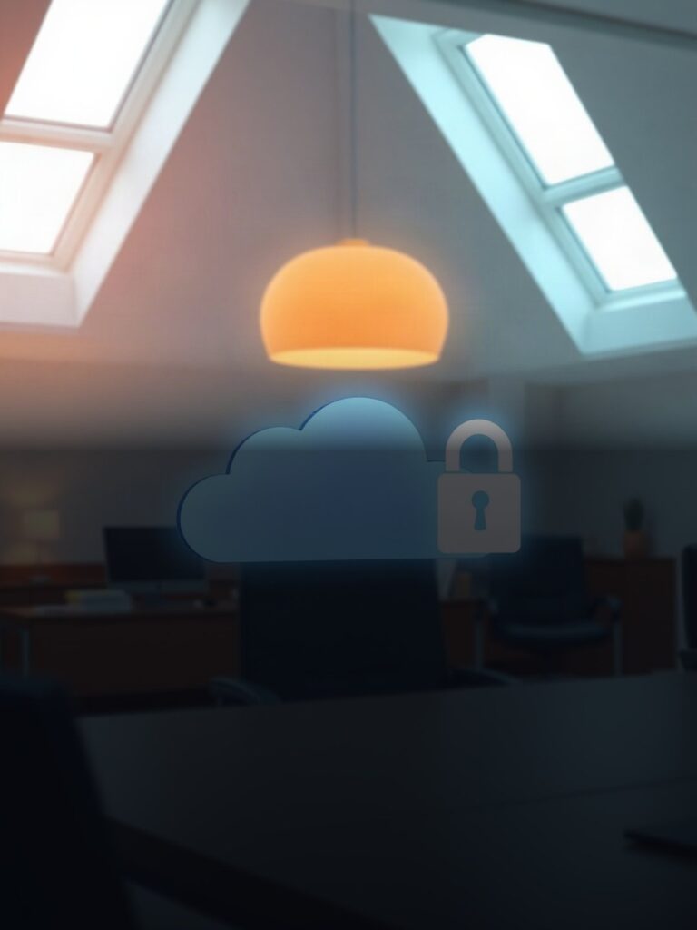 A modern digital office of a lawyer with a glowing Google Cloud theme, digital scales of justice, and a secure lock icon...