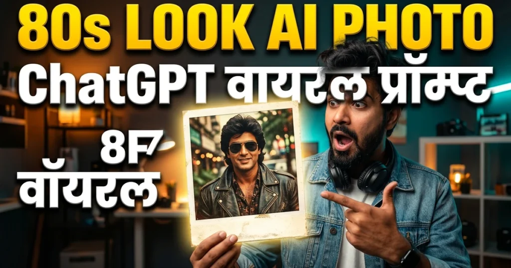 ChatGPT 80s Look AI Photo Editing tutorial hero banner with expressive creator and vintage Polaroid photo