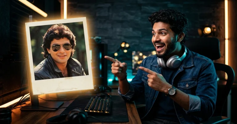 Photorealistic Indian creator pointing to a glowing 1980s retro Polaroid portrait photo made with ChatGPT AI prompts