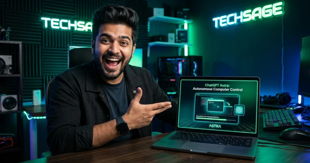 Excited Indian tech creator gesturing toward futuristic desktop monitor showing ChatGPT Astra model selector and autonomous browser agent controlling computer