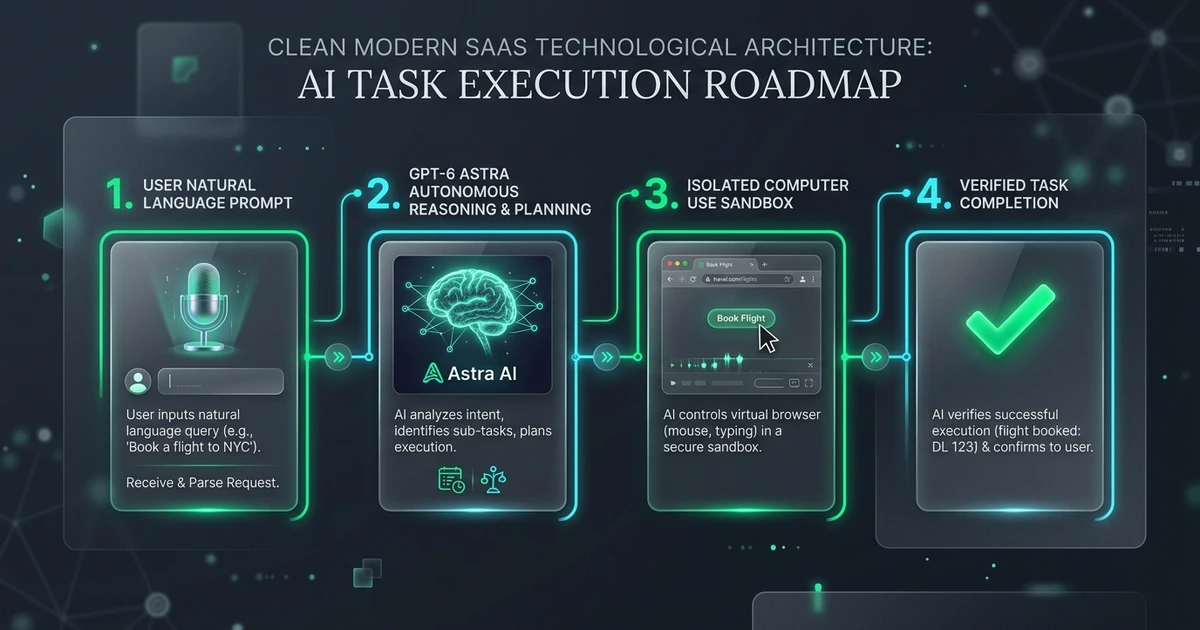 Horizontal 4-step technological architecture roadmap infographic detailing user prompt, autonomous task planning, computer and browser control, and execution completion