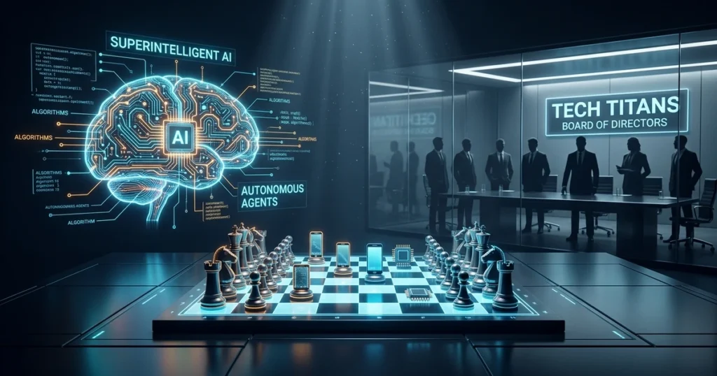 Cinematic illustration of artificial intelligence superintelligence chess match with tech leaders and neural network glow representing AI safety debate