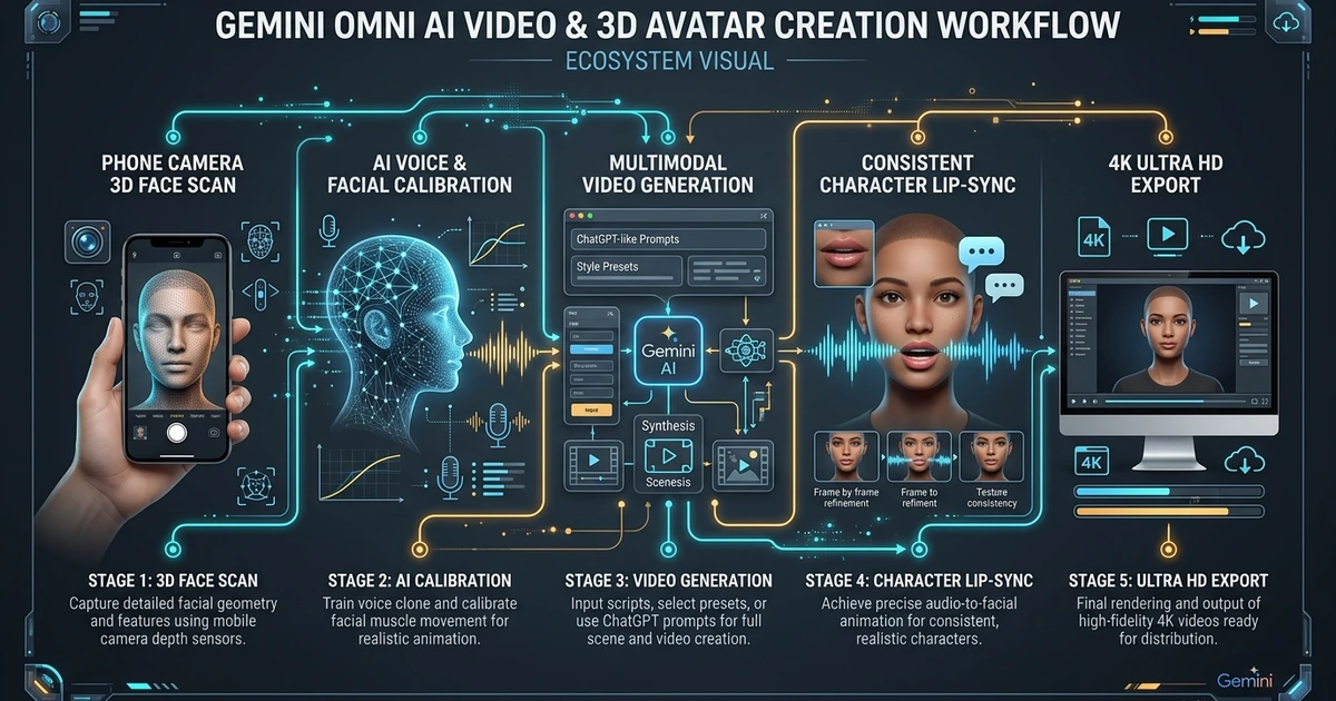 Google Gemini Omni AI video generation workflow and 3D avatar calibration roadmap diagram
