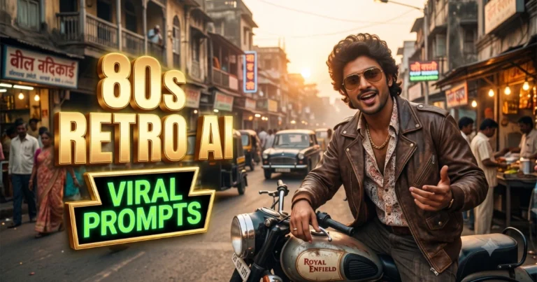 Instagram 80s look AI photo editing with authentic 1980s Bollywood retro style, 3D retro typography, vintage Royal Enfield motorcycle, and warm analog film grain