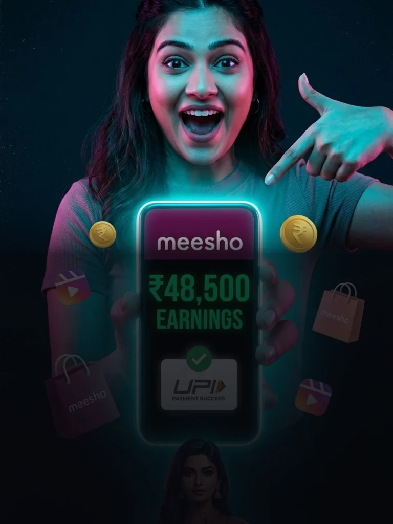 Shocked Indian creator pointing at smartphone showing massive Meesho affiliate earnings for Web Story Discover cover