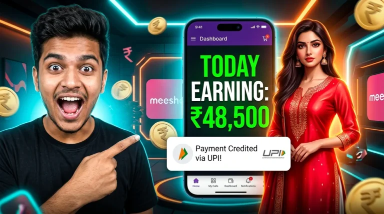 Shocked Indian content creator pointing at smartphone showing massive Meesho affiliate earnings and AI virtual model