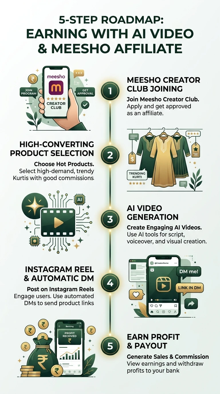 5-Step Roadmap Infographic: Complete workflow to earn money from Meesho using AI video and Instagram Auto DM