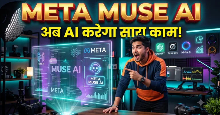 Meta Muse AI agent announcement featuring young Indian tech creator with 3D metallic golden typography and futuristic displays