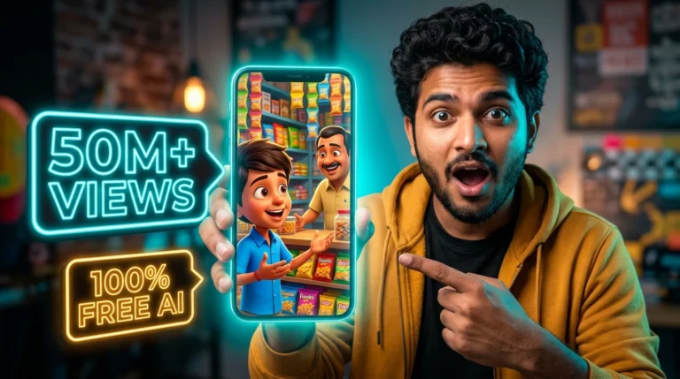 Excited Indian creator pointing to mobile screen with 3D Pixar animated boy and shopkeeper with viral views badge