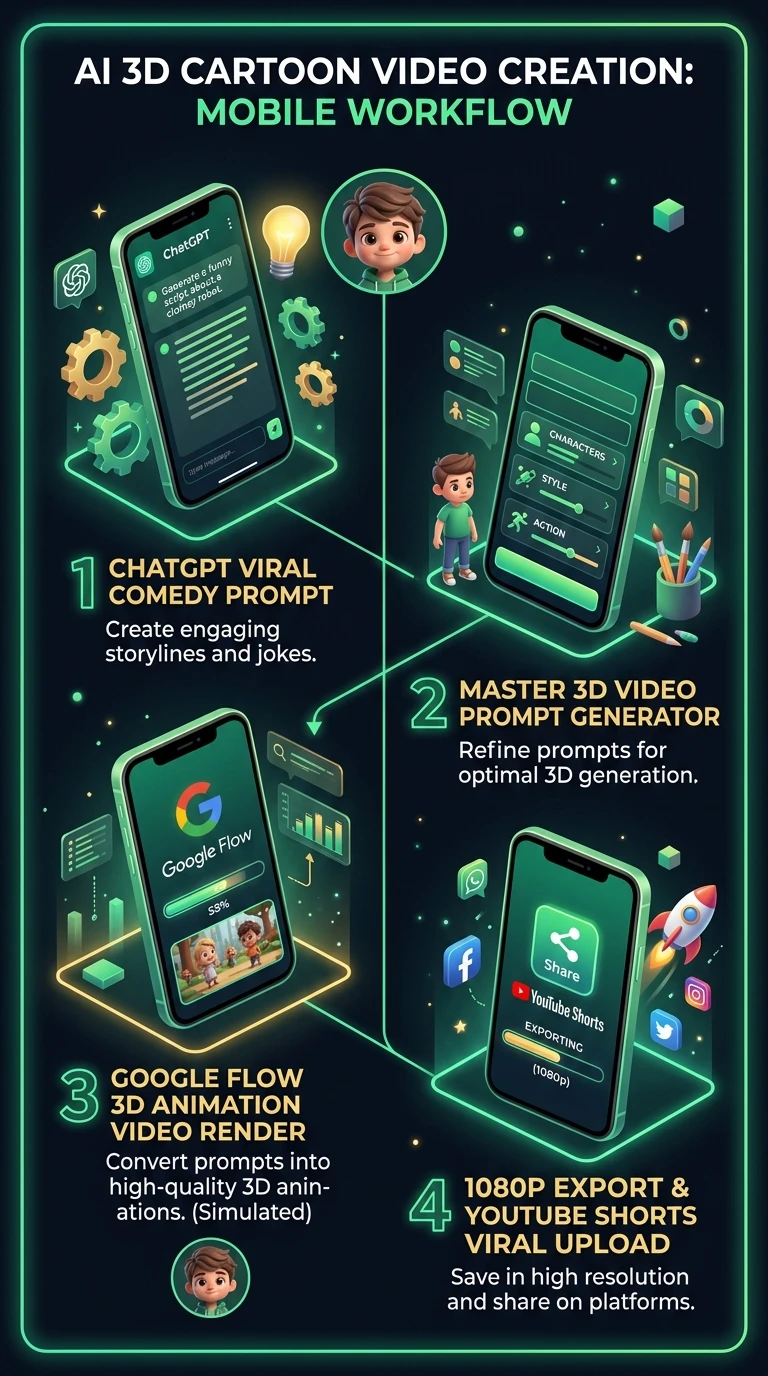 Step by step vertical roadmap infographic for creating 3D AI cartoon videos on mobile using ChatGPT and Google Flow