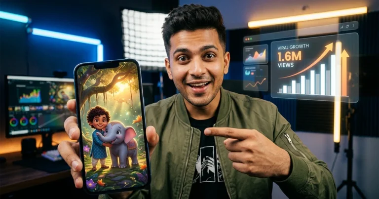 Excited Indian creator pointing to glowing mobile screen displaying 3D Pixar style animated kids story with cute boy and baby elephant