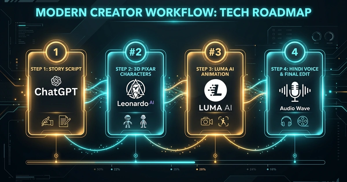 Horizontal 4-step roadmap infographic banner detailing script generation, 3D character design, camera motion and mobile video assembly
