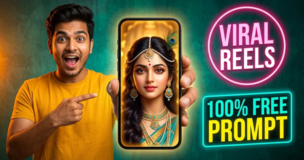 Excited Indian creator pointing to glowing mobile screen displaying divine Radha Rani AI photo portrait with pearl jewelry