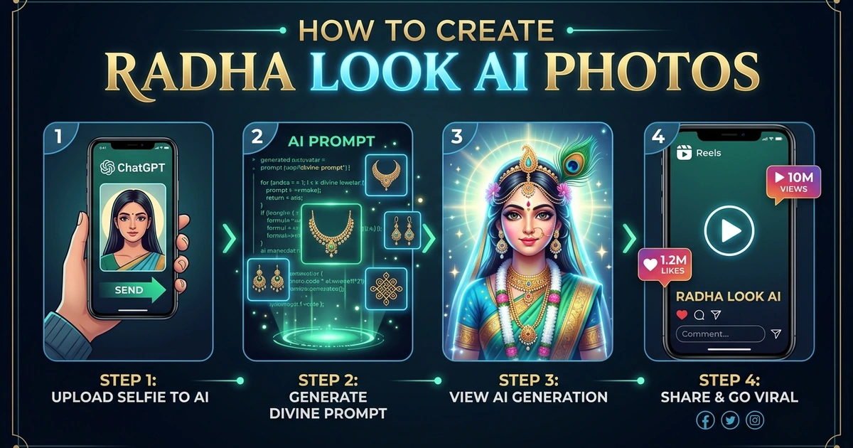 Vertical roadmap infographic illustrating 4 steps to create divine Radha look AI photos on smartphone