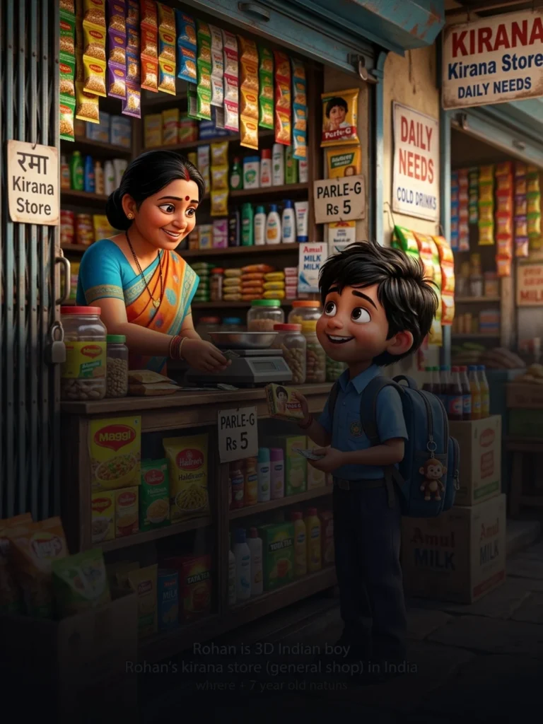 Cute 3D Pixar style Indian boy in school backpack smiling at general store shopkeeper