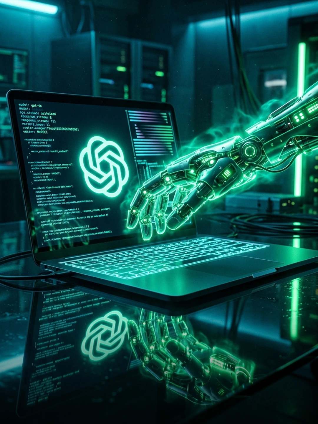 Dramatic glowing neon OpenAI logo morphing into futuristic robotic hand controlling desktop computer screen