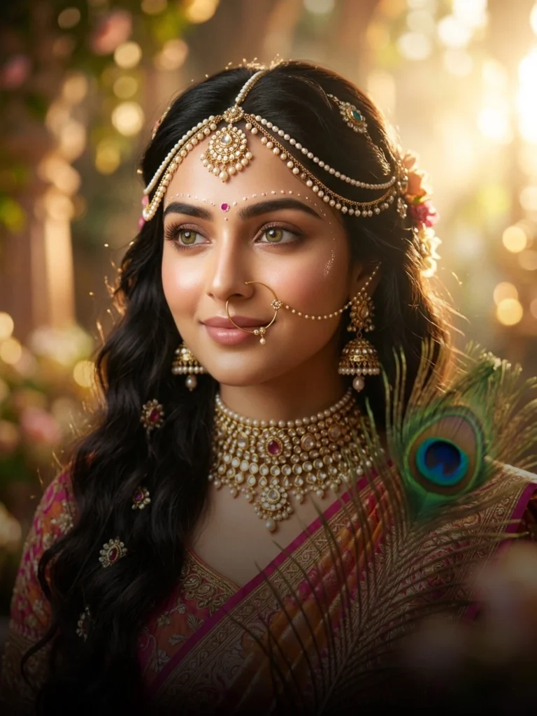 Ultra-realistic close-up portrait of beautiful Indian woman styled as divine Radha Rani with pearl maang tikka and peacock feather