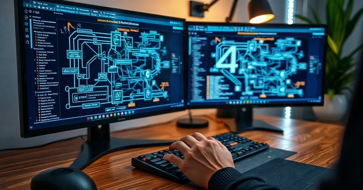 Modern Developer Desk Showing AI Agent Workflows and Prompt Architecture on Multiple Monitors