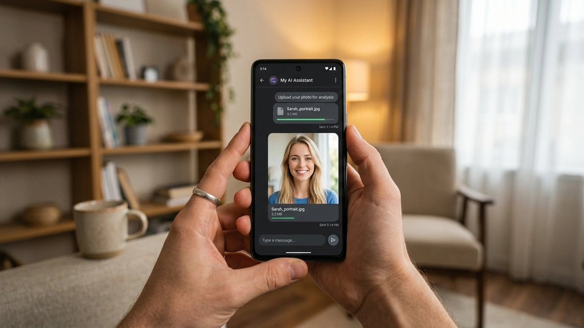 Young smartphone user uploading high resolution front-facing selfie into mobile AI generator interface with retro prompt parameters