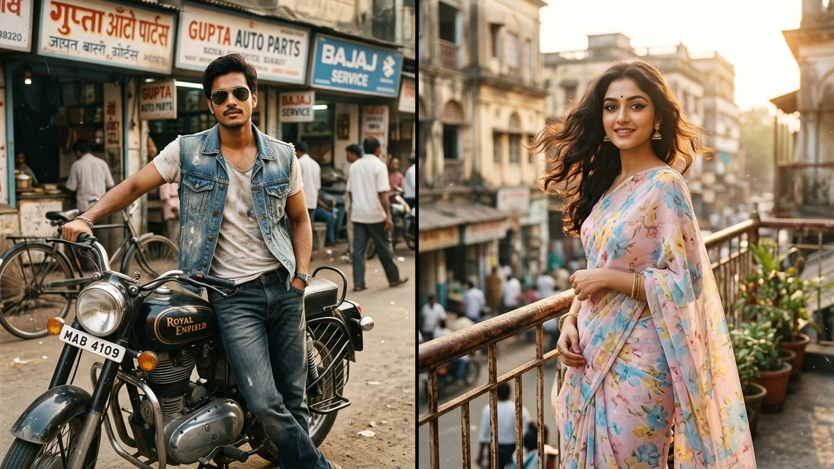 Split view showcasing authentic 1980s Bollywood prompts for male biker look, female chiffon saree, and retro couple aesthetic