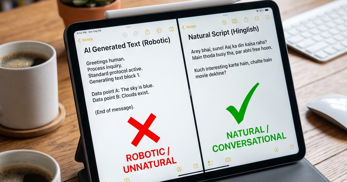 iPad display comparing robotic artificial intelligence output against natural Hindi conversational dialogue