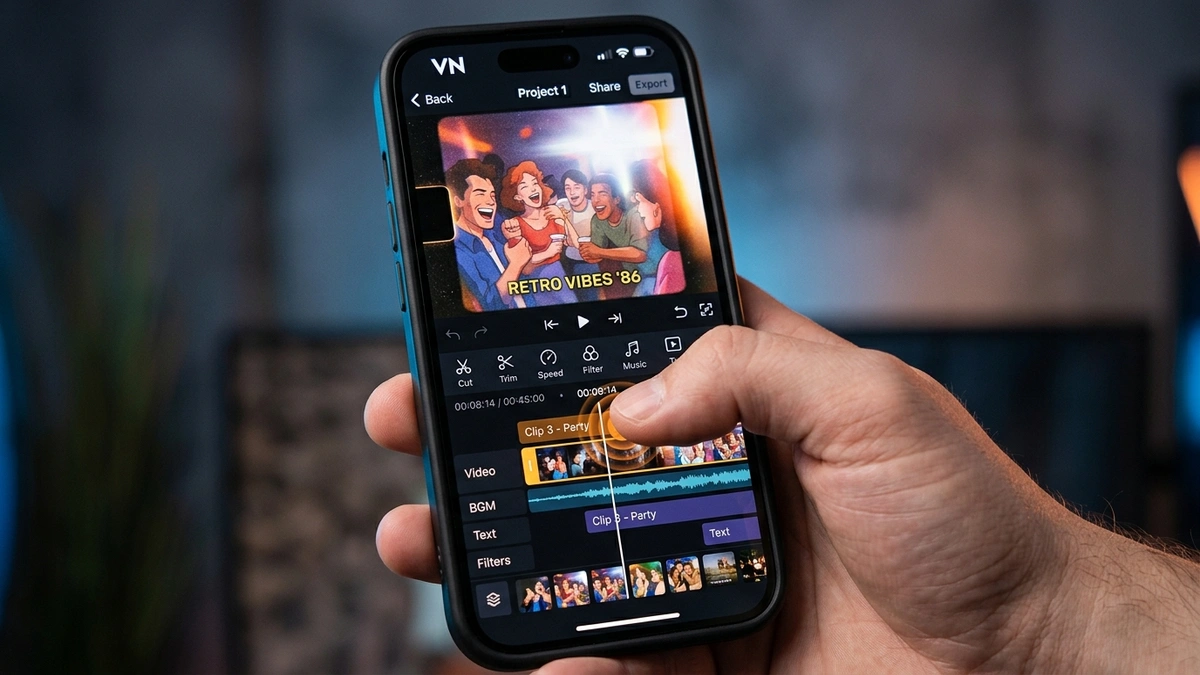 Smartphone running VN video editor scanning vintage 1980s template QR code and replacing photo into animated motion reel