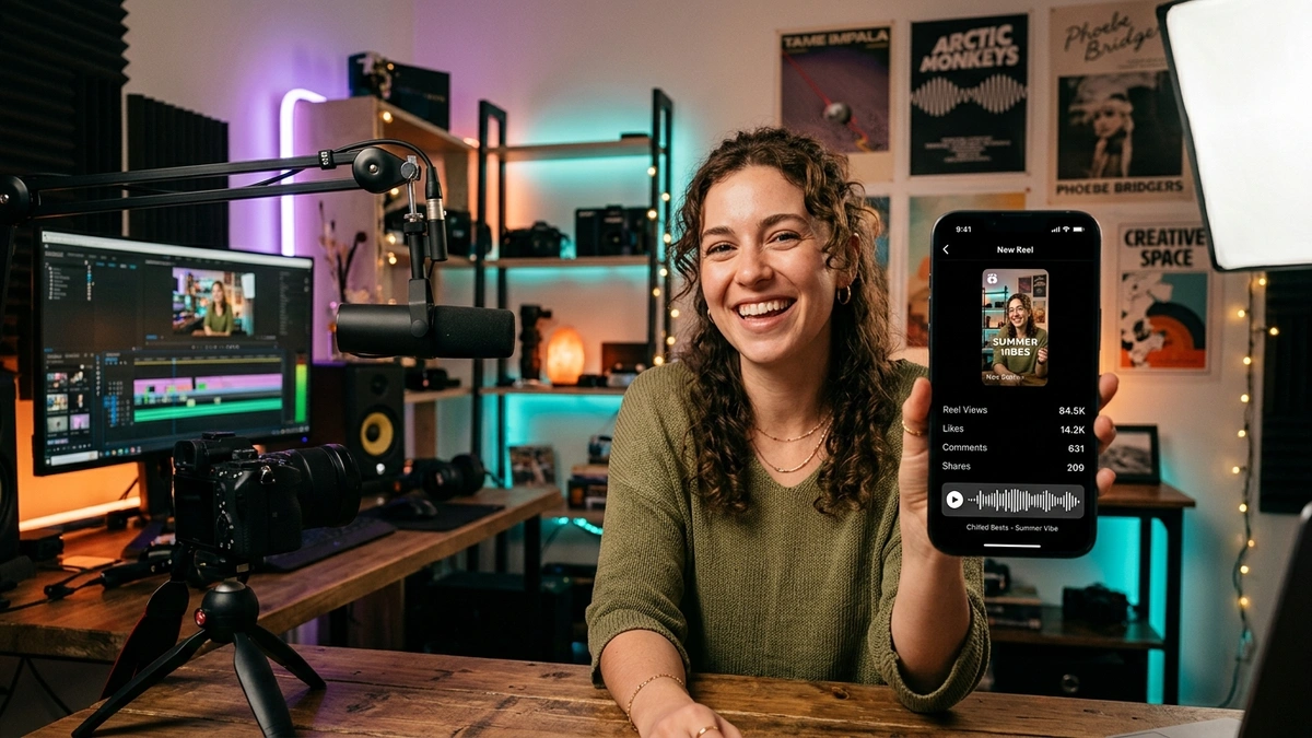 Instagram reels interface highlighting viral 1980s retro audio remixes, timing presets, and high CTR hashtag combinations
