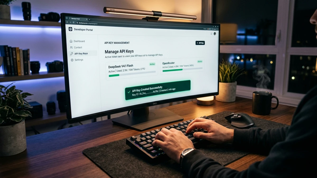 Developer configuring OpenRouter API key for DeepSeek V4.1 Flash on developer portal