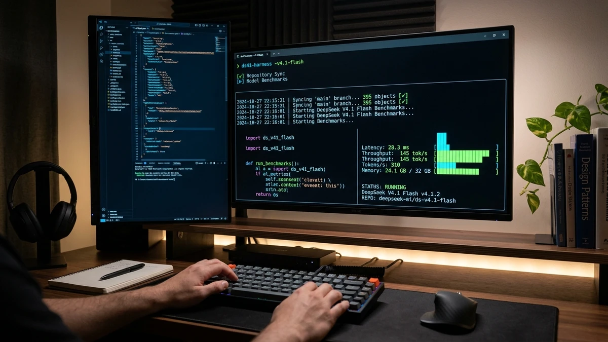 Terminal coding harness running repository analysis with DeepSeek V4.1 Flash