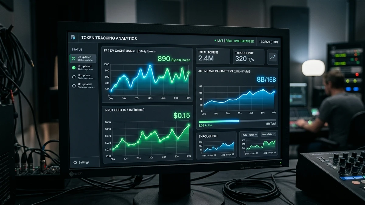 Real-time analytics dashboard tracking token usage and FP4 KV cache memory costs
