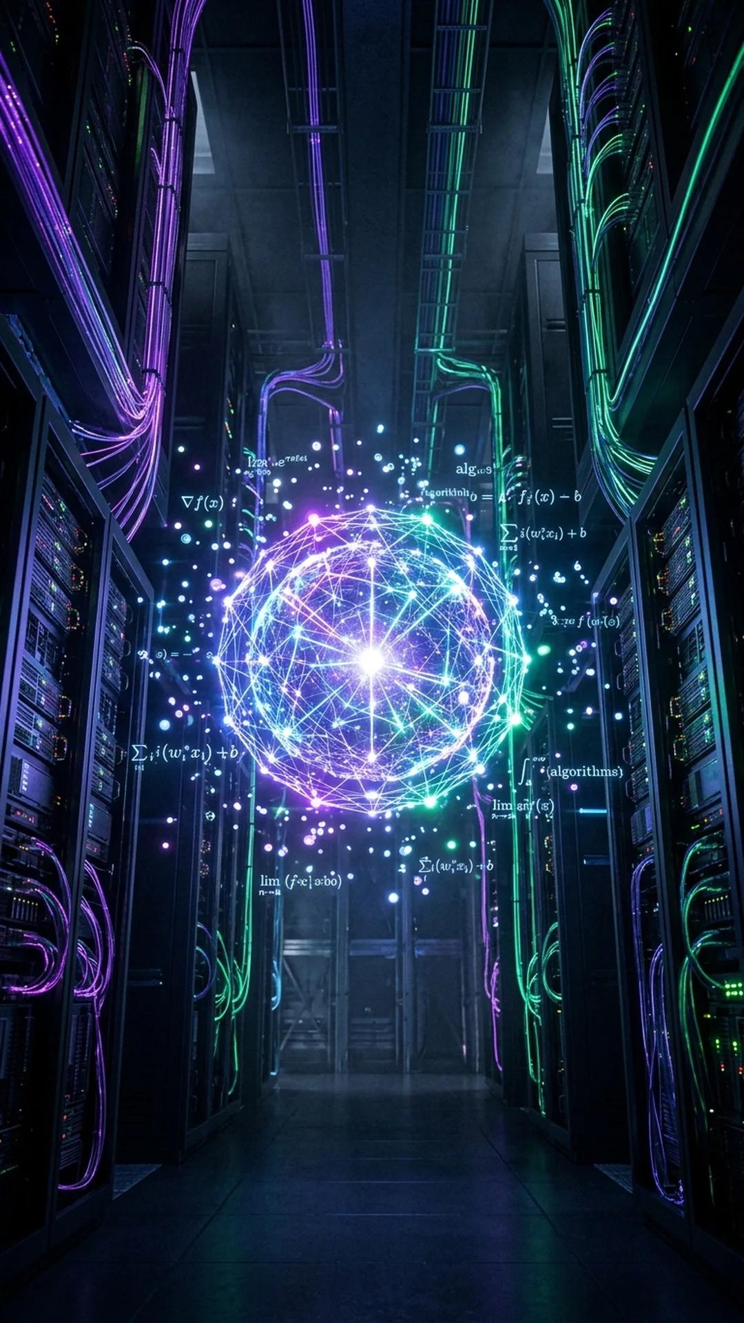 Glowing server cluster illuminating a massive holographic neural network labeled GPT-7 Bel