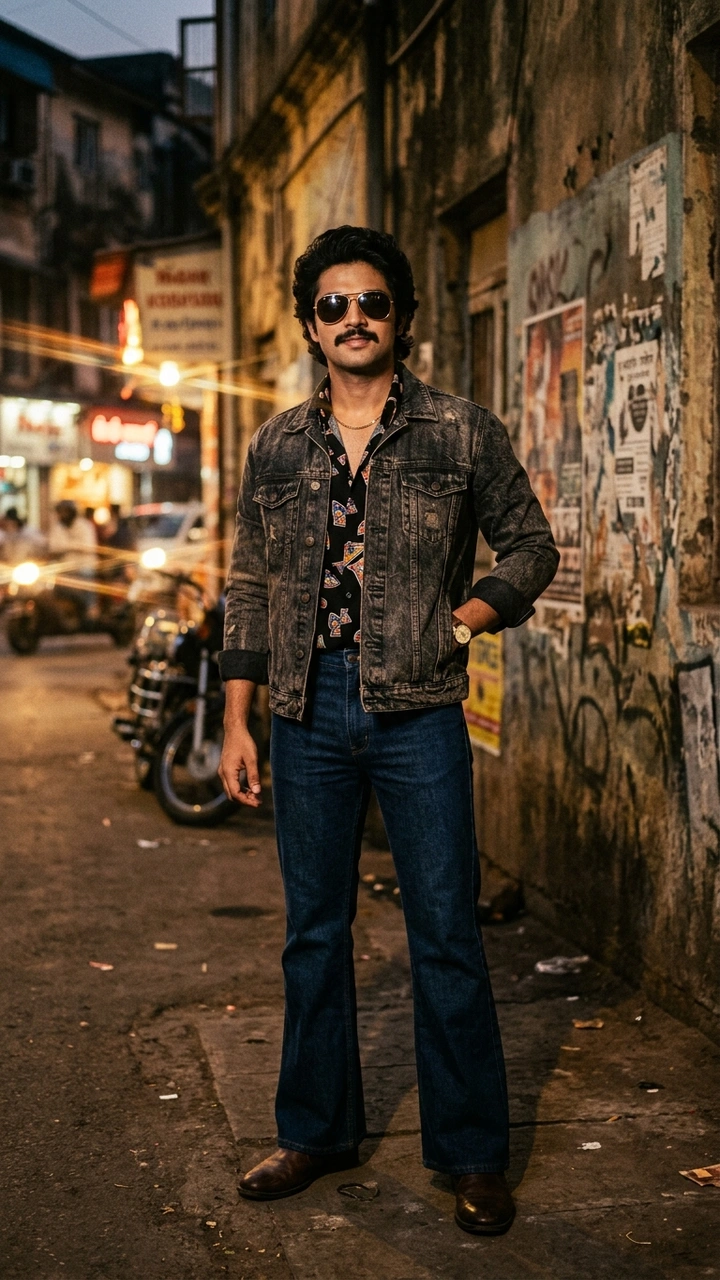 Cinematic portrait of young Indian man in 1980s retro clothing illuminated by warm analog sunlight and neon city reflections