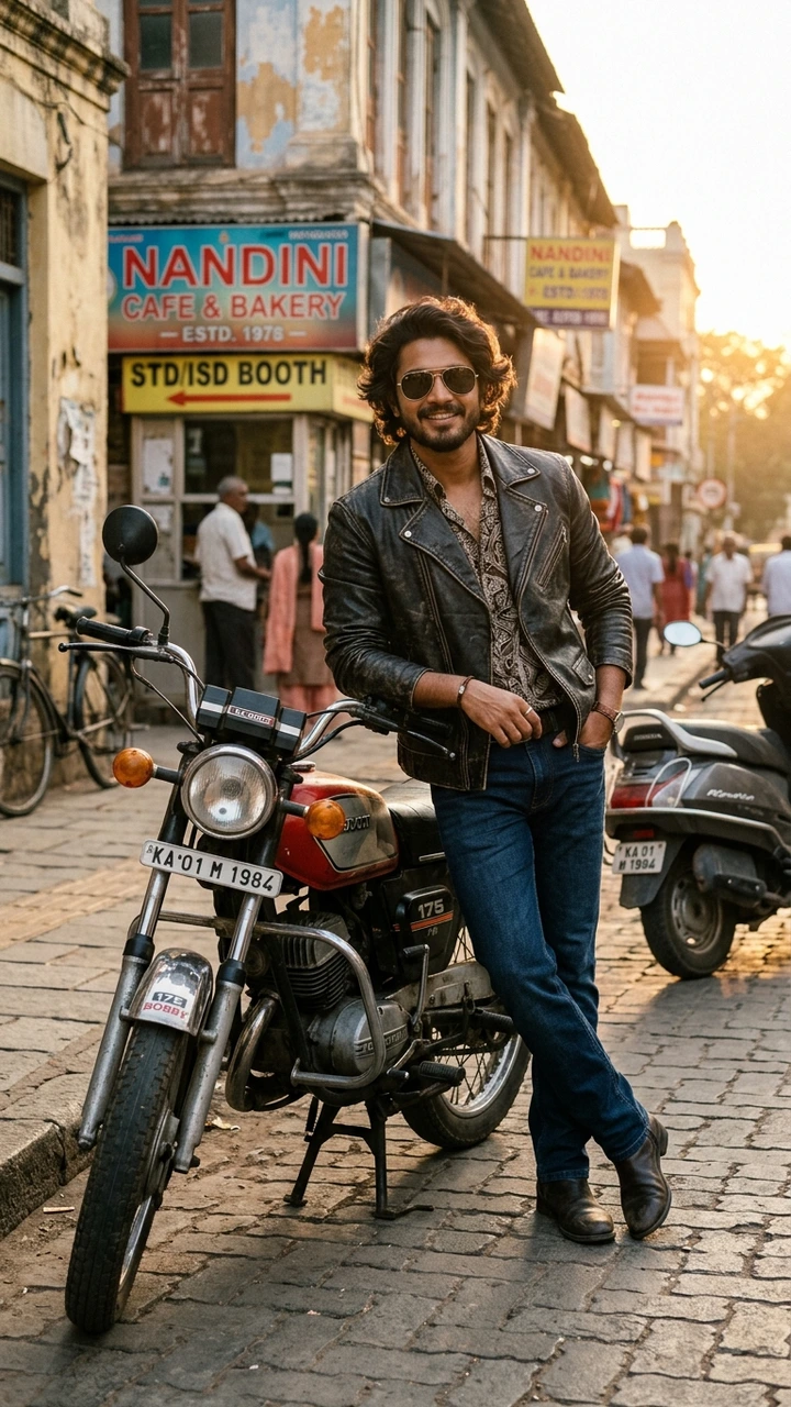 Stylish Indian man with 1980s retro hair and vintage motorcycle on nostalgic street