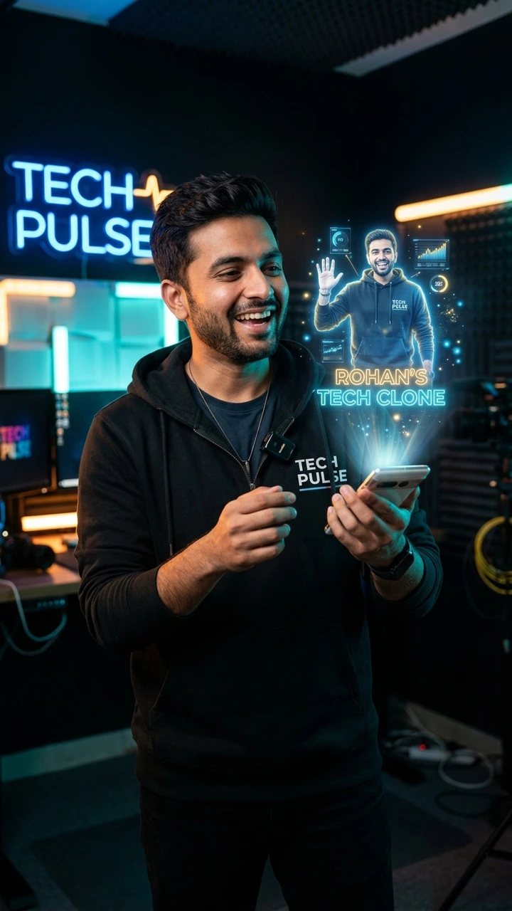 Indian tech creator holding smartphone projecting futuristic 3D holographic digital clone in modern studio